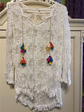 Surf gypsy White Crochet Tunic with Colorful Tassels small